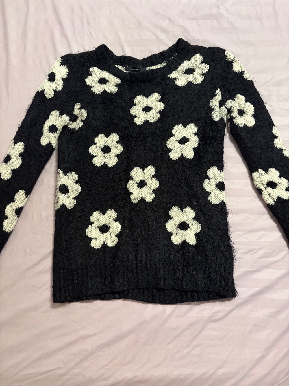 Black Floral Fuzzy Knit Sweater - White Flower Pattern